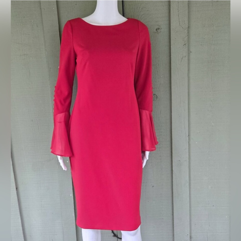 CALVIN KLEIN Red Sheath Dress 4 Sheer Flutter Cuffs